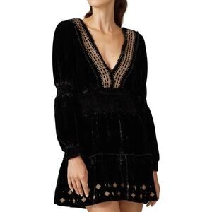 RAHI Black Velvet Gold Embroidered Long Sleeve Smocked Mini Dress XS